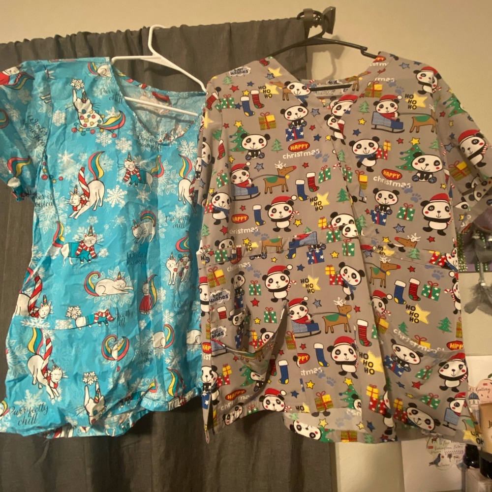 2 Christmas scrub tops- Both size Large